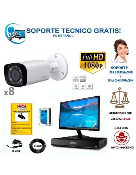 kit de 8 camaras de vigilancia full-hd para exterior con vision nocturna hasta 60m
