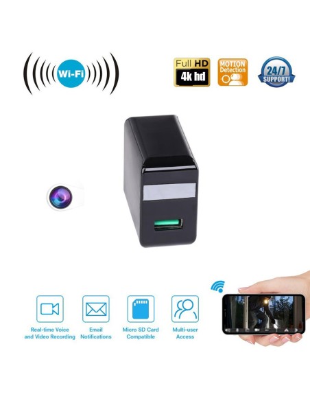 CAMARA DE SEGURIDAD Y VIGILANCIA ESPIA EN CARGADOR MOVIL CON WIFI Y CAPACIDAD DE GRABACION 128GB CON VISION NOCTURNA