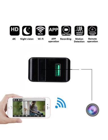 CAMARA DE SEGURIDAD Y VIGILANCIA ESPIA EN CARGADOR MOVIL CON WIFI Y CAPACIDAD DE GRABACION 128GB CON VISION NOCTURNA