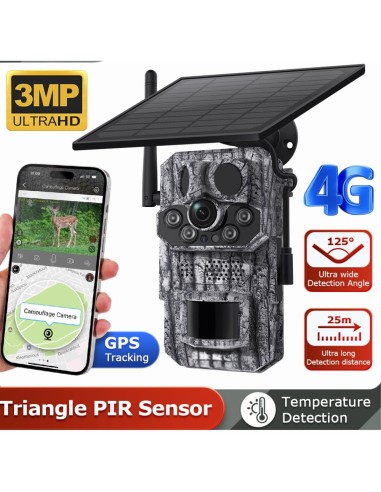 Cámara de Caza Solar 4G con GPS, Visión Nocturna, Ángulo Amplio HD 3MP, Detección de Movimiento, Resistente a Clima