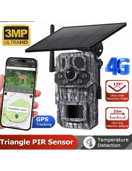 Cámara de Caza Solar 4G con GPS, Visión Nocturna, Ángulo Amplio HD 3MP, Detección de Movimiento, Resistente a Clima
