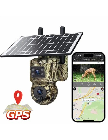 Cámara de Seguridad Solar 4G PTZ Camuflaje con GPS, Doble Lente 6MP, Visión Nocturna y Detección de Movimiento