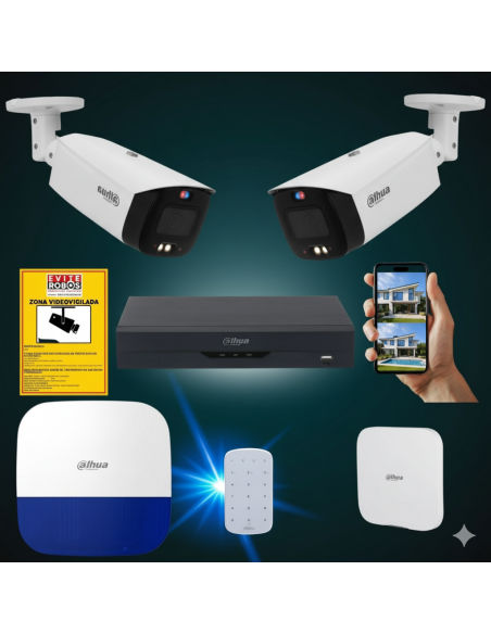 FortiCam 2 Dahua TiOC – Kit 2 Cámaras 4MP Exterior con Alarma y SAI | Sin cuotas